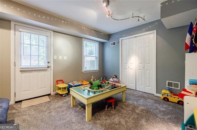 3389 Robinson Farms Trce NE, Marietta, GA 30068 - rec room featuring carpet floors and rail lighting