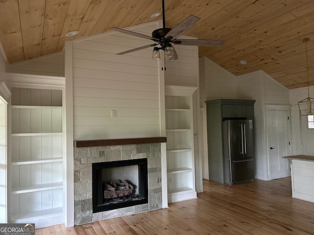 unfurnished living room featuring ceiling fan, vaulted ceiling, wooden ceiling, and wood finished floors