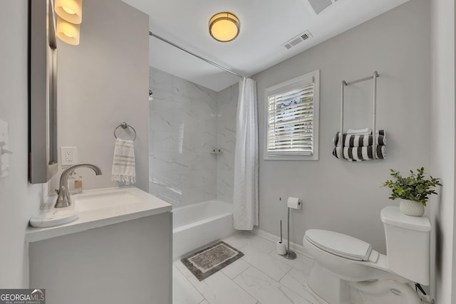 full bathroom featuring visible vents, shower / tub combo with curtain, marble finish floor, toilet, and baseboards