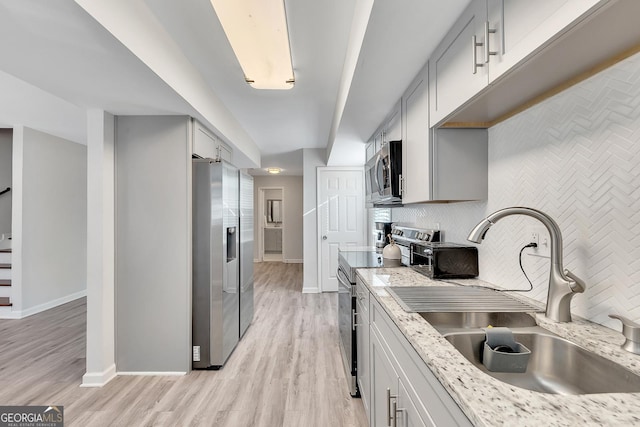 kitchen with appliances with stainless steel finishes, a sink, baseboards, light wood-type flooring, and backsplash