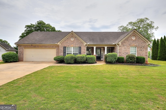 ranch-style home featuring brick siding, an attached garage, and driveway