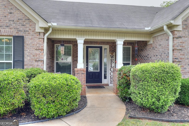 property entrance featuring brick siding, a shingled roof, and a porch