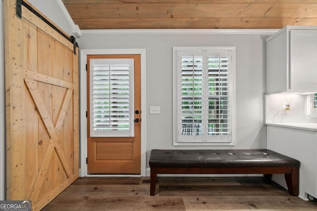 20 Mohawk Trl, Ellijay, GA 30540 - doorway to outside featuring wooden ceiling, ornamental molding, a barn door, and wood finished floors