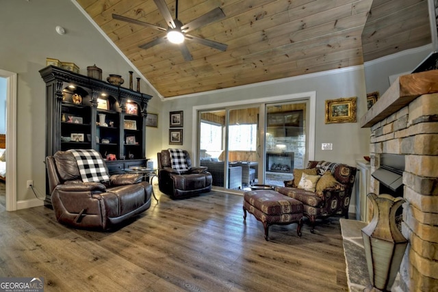 20 Mohawk Trl, Ellijay, GA 30540 - living area with wood finished floors, a ceiling fan, wood ceiling, and a fireplace