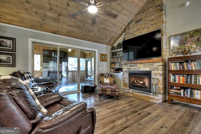 20 Mohawk Trl, Ellijay, GA 30540 - living room with wood ceiling, a fireplace, a ceiling fan, and wood finished floors