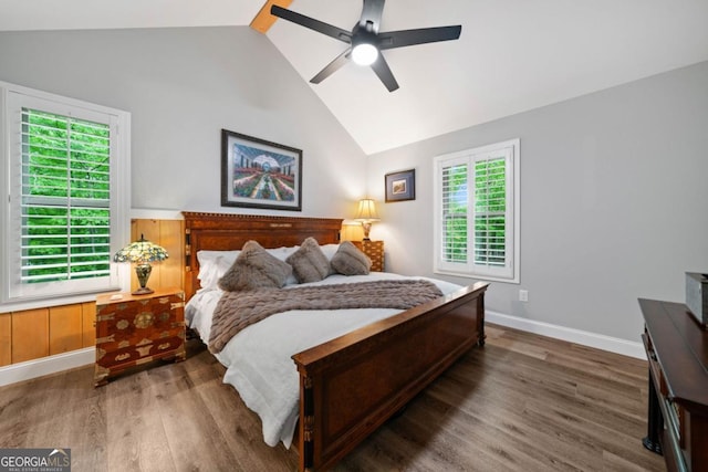 20 Mohawk Trl, Ellijay, GA 30540 - bedroom with wood finished floors, baseboards, ceiling fan, and lofted ceiling