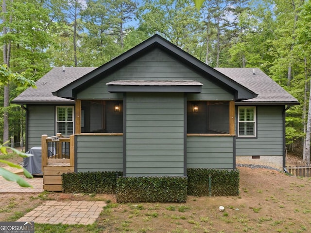 20 Mohawk Trl, Ellijay, GA 30540 - back of property featuring a wooden deck, a shingled roof, a sunroom, and crawl space