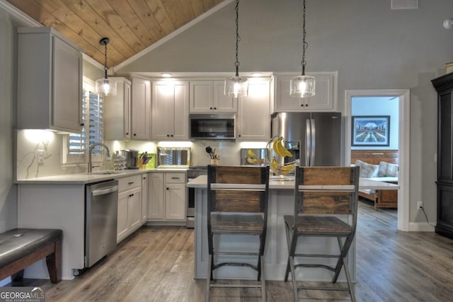 20 Mohawk Trl, Ellijay, GA 30540 - kitchen with a center island, light countertops, wooden ceiling, a sink, and appliances with stainless steel finishes