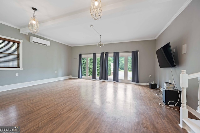 1007 Natalie Ln SE, Smyrna, GA 30082 - unfurnished living room with an AC wall unit, crown molding, and wood finished floors
