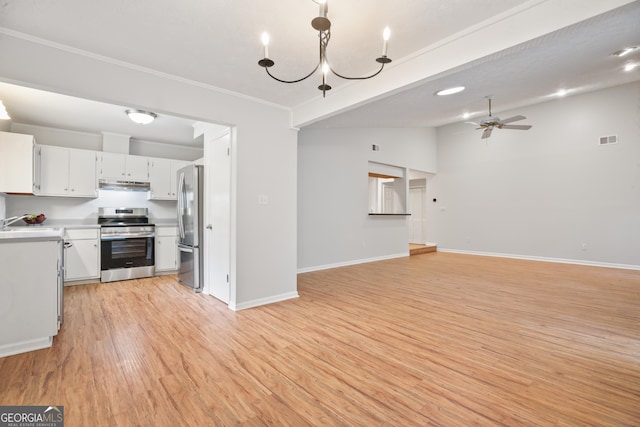 kitchen featuring stainless steel appliances, under cabinet range hood, ceiling fan, light wood-style flooring, and light countertops