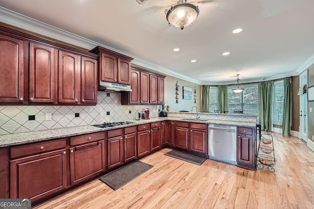 kitchen with decorative backsplash, ornamental molding, a sink, light wood-style flooring, and stainless steel appliances