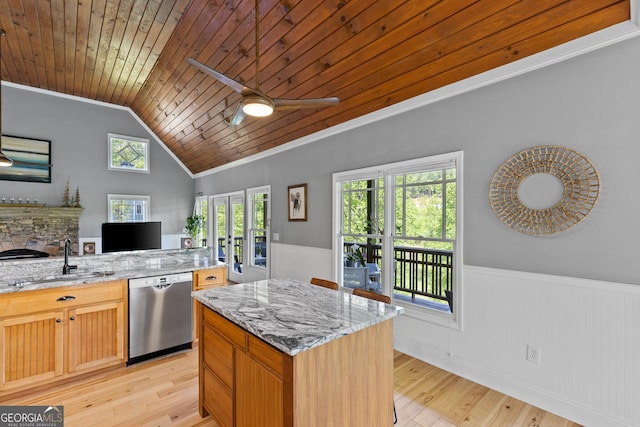 kitchen with wainscoting, wooden ceiling, a sink, light wood finished floors, and dishwasher