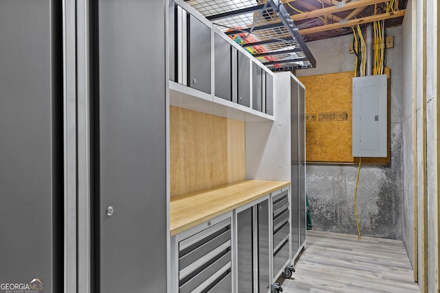 interior space with electric panel and light wood finished floors