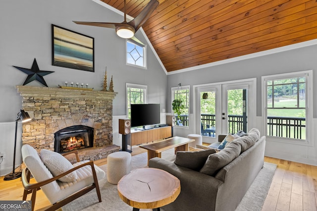 living room featuring wood ceiling, a fireplace, hardwood / wood-style flooring, and high vaulted ceiling