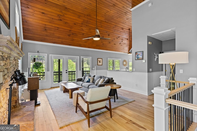 living area with ceiling fan, attic access, wood finished floors, wooden ceiling, and high vaulted ceiling
