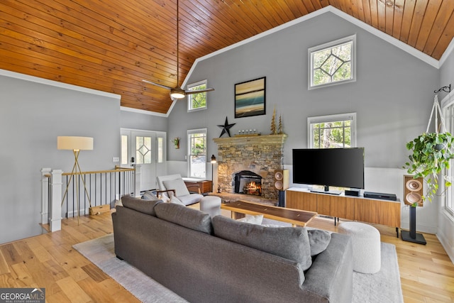 living area featuring a stone fireplace, wood ceiling, high vaulted ceiling, and hardwood / wood-style flooring
