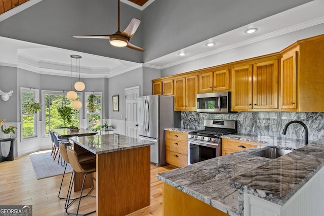 kitchen with crown molding, brown cabinets, appliances with stainless steel finishes, a sink, and a ceiling fan