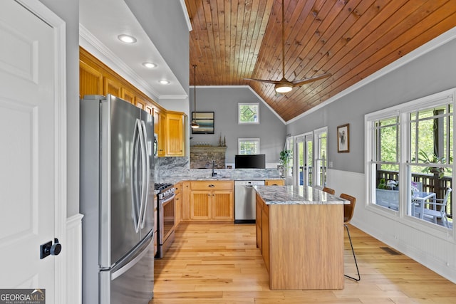 kitchen with ornamental molding, wainscoting, wood ceiling, a sink, and stainless steel appliances