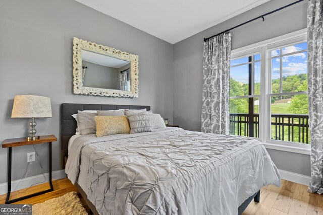 bedroom with baseboards, multiple windows, and wood finished floors