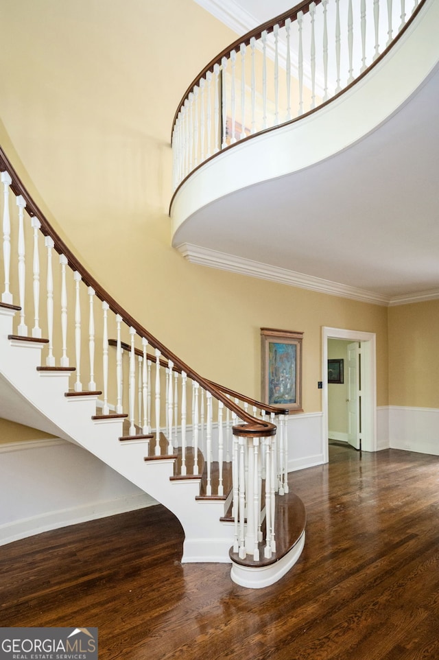 1464 Twin Pines Dr, Macon, GA 31211 - staircase with wood finished floors, ornamental molding, and a high ceiling