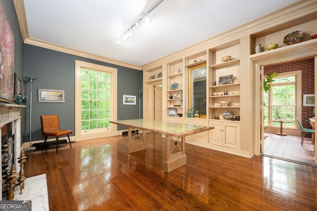 1464 Twin Pines Dr, Macon, GA 31211 - interior space with crown molding, open shelves, a fireplace with flush hearth, and dark wood finished floors