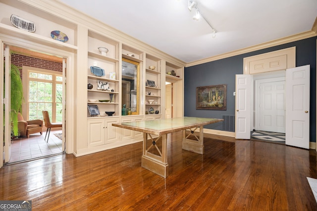1464 Twin Pines Dr, Macon, GA 31211 - interior space featuring dark wood-style flooring, baseboards, built in shelves, and ornamental molding