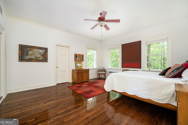 1464 Twin Pines Dr, Macon, GA 31211 - bedroom featuring dark wood-type flooring, a ceiling fan, baseboards, and crown molding
