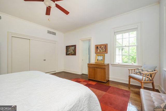 1464 Twin Pines Dr, Macon, GA 31211 - bedroom featuring baseboards, visible vents, ornamental molding, and dark wood finished floors