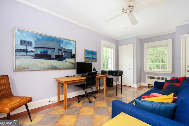 1464 Twin Pines Dr, Macon, GA 31211 - office space featuring crown molding, baseboards, wood finished floors, and radiator