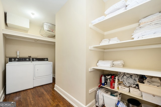 1464 Twin Pines Dr, Macon, GA 31211 - clothes washing area featuring baseboards, laundry area, washing machine and dryer, and dark wood-style floors