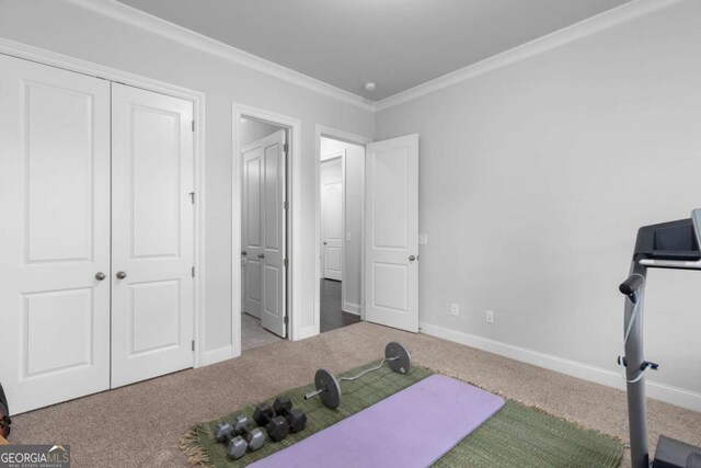 workout area featuring carpet floors, crown molding, and baseboards