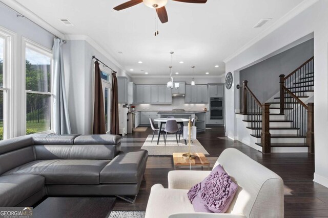 living room featuring crown molding, ceiling fan, stairway, and dark wood-type flooring