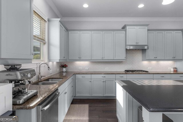 kitchen featuring dark wood-style flooring, appliances with stainless steel finishes, a sink, under cabinet range hood, and ornamental molding
