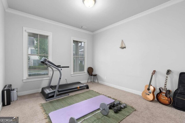 exercise area with baseboards, carpet flooring, and ornamental molding