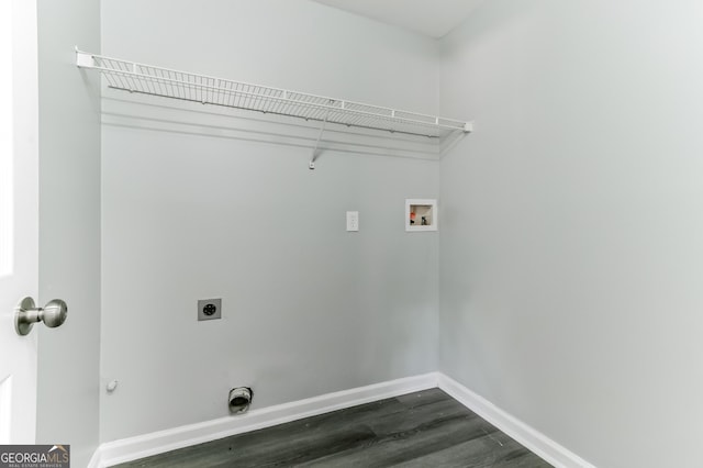 5452 Sweetsprings Dr SW, Powder Springs, GA 30127 - laundry area featuring hookup for an electric dryer, laundry area, dark wood-style flooring, baseboards, and hookup for a washing machine