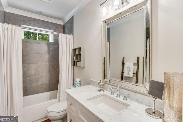 bathroom featuring toilet, shower / tub combo, and vanity