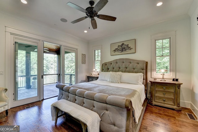 676 N Shore Dr, Cleveland, GA 30528 - bedroom featuring crown molding, access to exterior, wood finished floors, recessed lighting, and baseboards