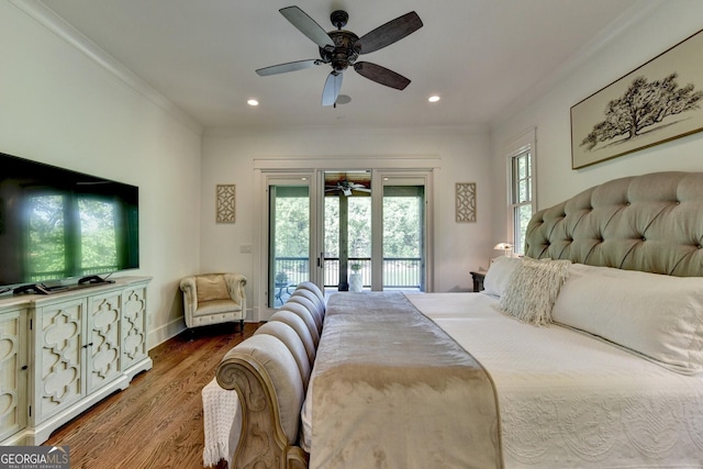676 N Shore Dr, Cleveland, GA 30528 - bedroom featuring access to exterior, crown molding, wood finished floors, recessed lighting, and ceiling fan