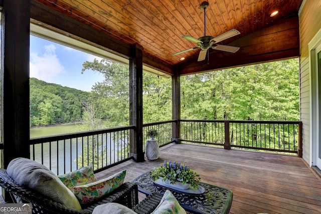 676 N Shore Dr, Cleveland, GA 30528 - wooden terrace with ceiling fan, a forest view, and a water view
