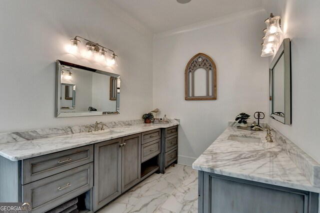 676 N Shore Dr, Cleveland, GA 30528 - full bath featuring two vanities, marble look tiles, ornamental molding, and baseboards