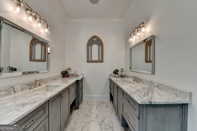 676 N Shore Dr, Cleveland, GA 30528 - bathroom with two vanities, baseboards, marble finish flooring, and crown molding