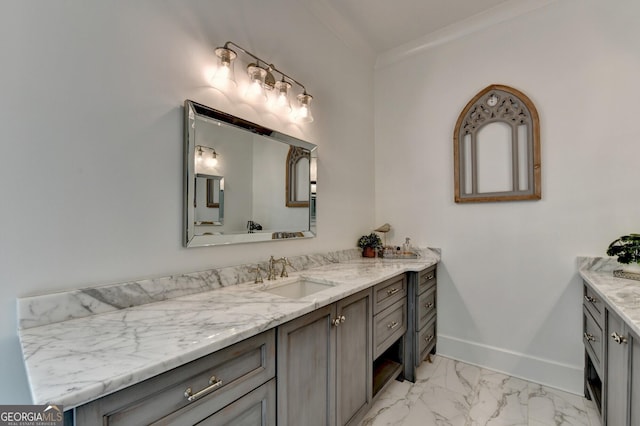 676 N Shore Dr, Cleveland, GA 30528 - bathroom with vanity, marble finish flooring, baseboards, and crown molding