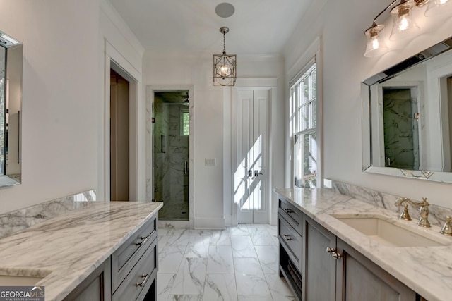676 N Shore Dr, Cleveland, GA 30528 - full bath with a marble finish shower, marble look tile flooring, two vanities, and a chandelier