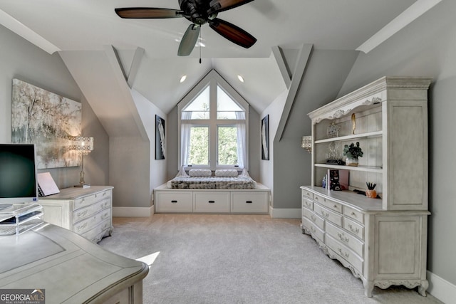 676 N Shore Dr, Cleveland, GA 30528 - bedroom featuring baseboards, light colored carpet, vaulted ceiling, and a ceiling fan