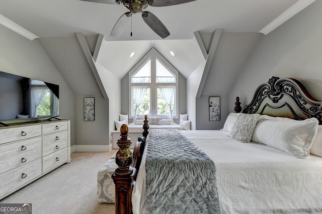 676 N Shore Dr, Cleveland, GA 30528 - bedroom with light colored carpet, vaulted ceiling, baseboards, and a ceiling fan