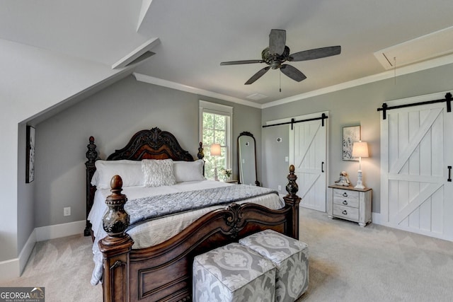 676 N Shore Dr, Cleveland, GA 30528 - bedroom featuring a barn door, light colored carpet, attic access, baseboards, and ornamental molding