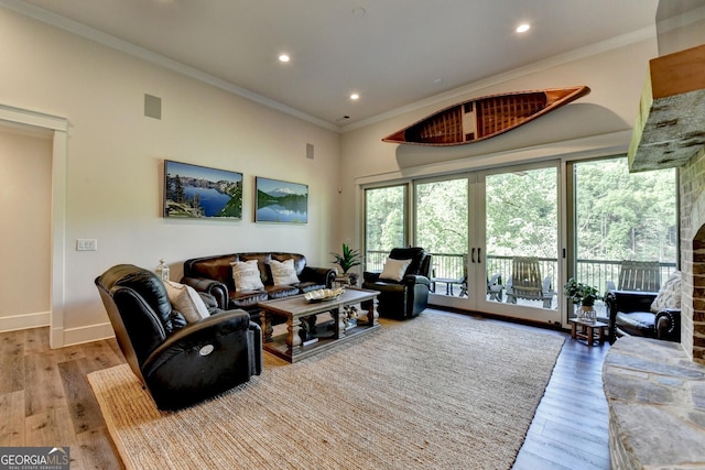 676 N Shore Dr, Cleveland, GA 30528 - living room featuring wood finished floors, ornamental molding, recessed lighting, baseboards, and french doors