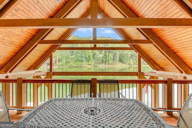 bonus room featuring wooden ceiling, vaulted ceiling with beams, and wood finished floors