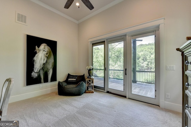 676 N Shore Dr, Cleveland, GA 30528 - sitting room with carpet, ceiling fan, ornamental molding, and baseboards