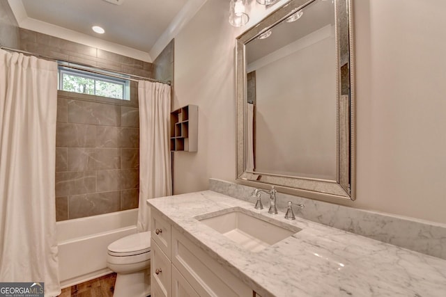 676 N Shore Dr, Cleveland, GA 30528 - full bathroom featuring toilet, shower / bathtub combination with curtain, vanity, and wood finished floors